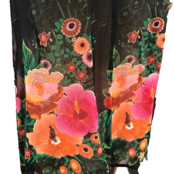 Anthropologie FEI Hibiscus Floral Pattern Sheer Silk Black Peasant Blouse M - Picture 4 of 11